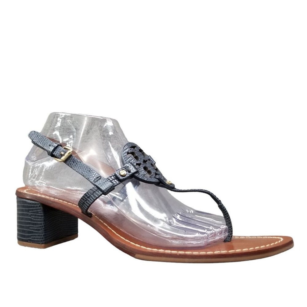 Tory Burch Mini Miller Block Heel Navy Blue Leather Snake Sandals  Sz 10.5